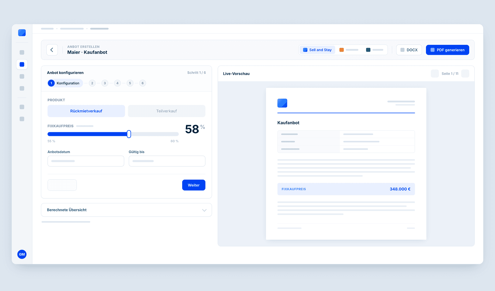 The Cockpit's offer generator: a six-step configuration panel on the left with a product toggle, a fixed-price slider at 58% and date fields, beside a live preview of page 1 of 11 of the generated offer PDF. A brand switcher and DOCX and PDF export buttons sit along the top.