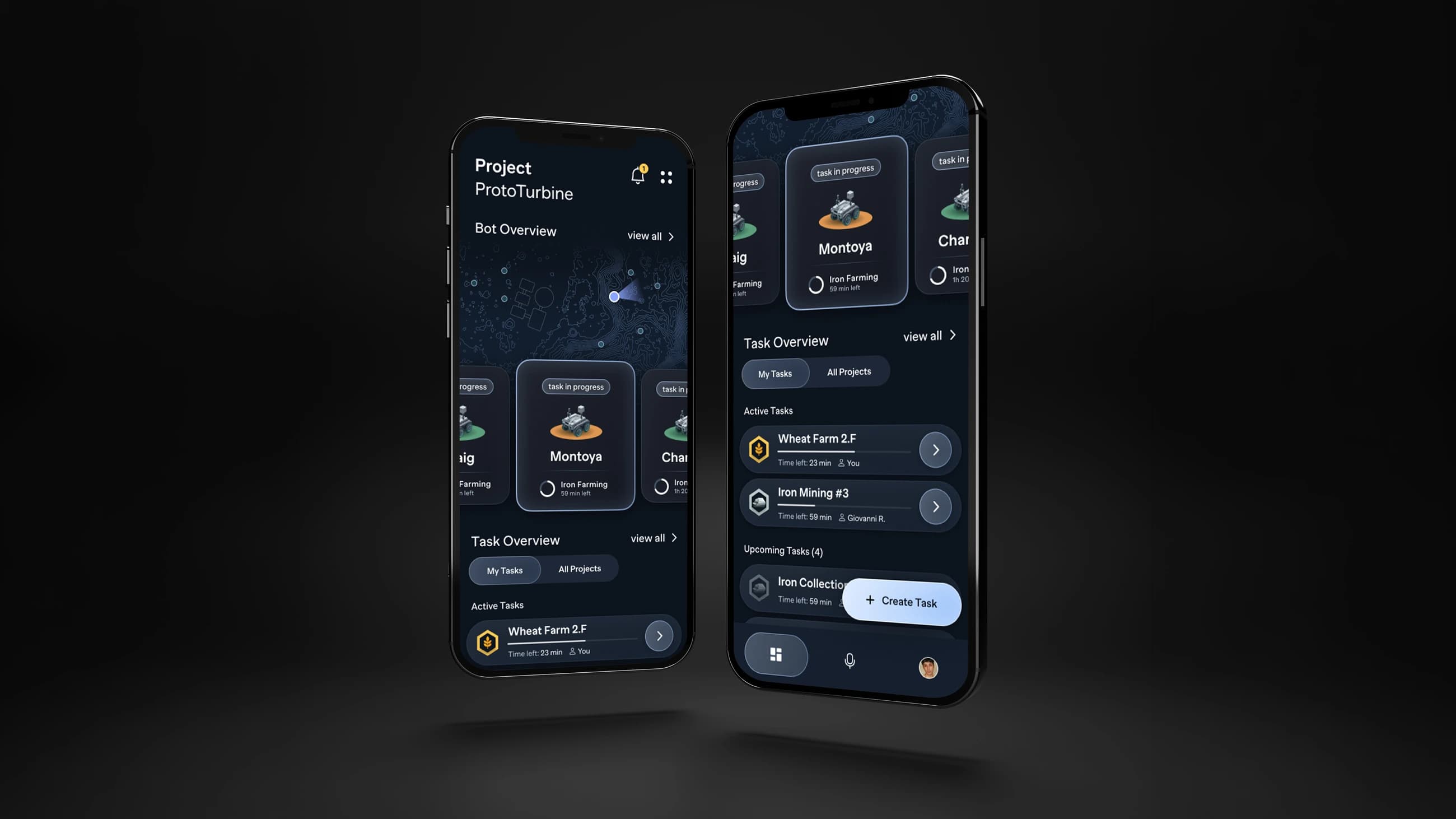 Two phones showing the Hive dashboard in dark blue: a header reading Project ProtoTurbine, a Bot Overview map with a carousel of named bot cards below it — Montoya, mid iron-farming run — and a Task Overview split into Active and Upcoming tasks, with a Create Task button and a voice-command microphone in the bottom bar.