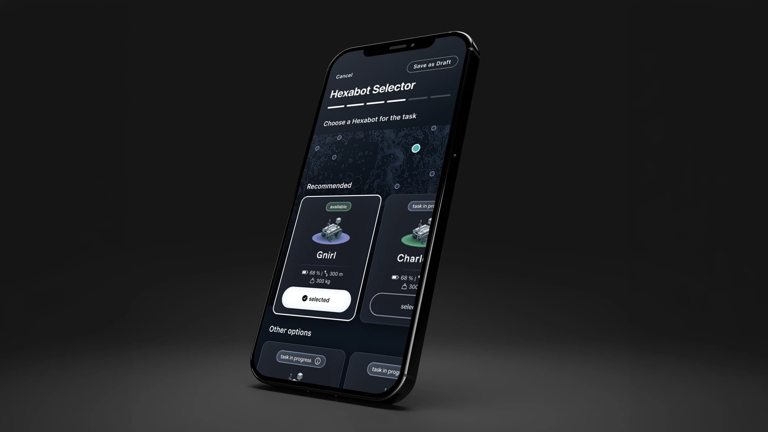 The Hexabot Selector step on a phone: a progress bar of six dashes near its end, a map with bot positions, a Recommended row of bot cards showing battery percentage, distance and load capacity — Gnirl at 68%, 300m, 300kg, marked selected — and an Other options list of bots currently on tasks.