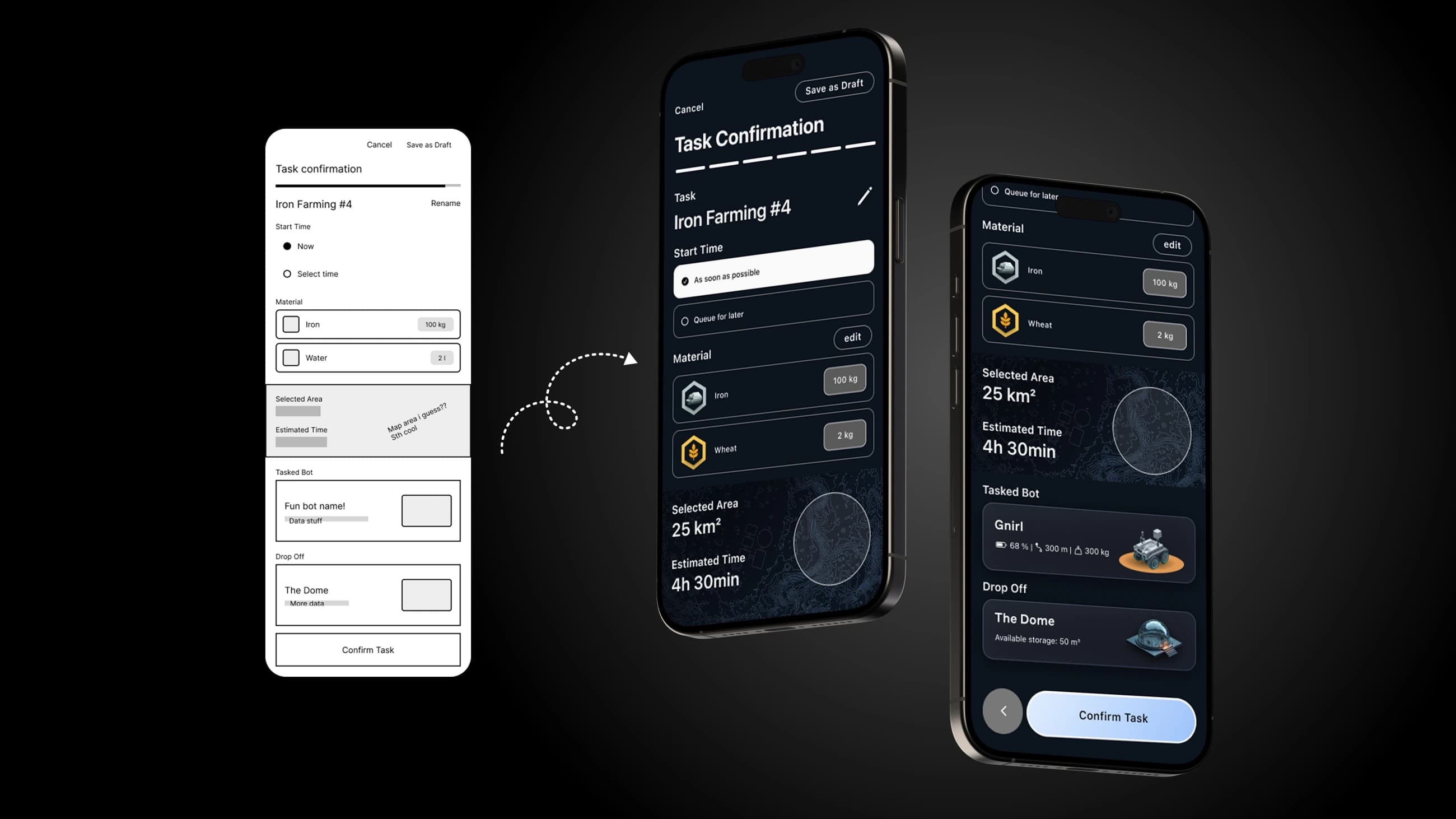 The task confirmation screen before and after: on the left a plain white wireframe with placeholder notes reading fun bot name and map area i guess, and on the right the same screen finished in dark blue, with start time, materials, selected area, estimated time, the tasked bot and the drop-off all laid out in order above a Confirm Task button.