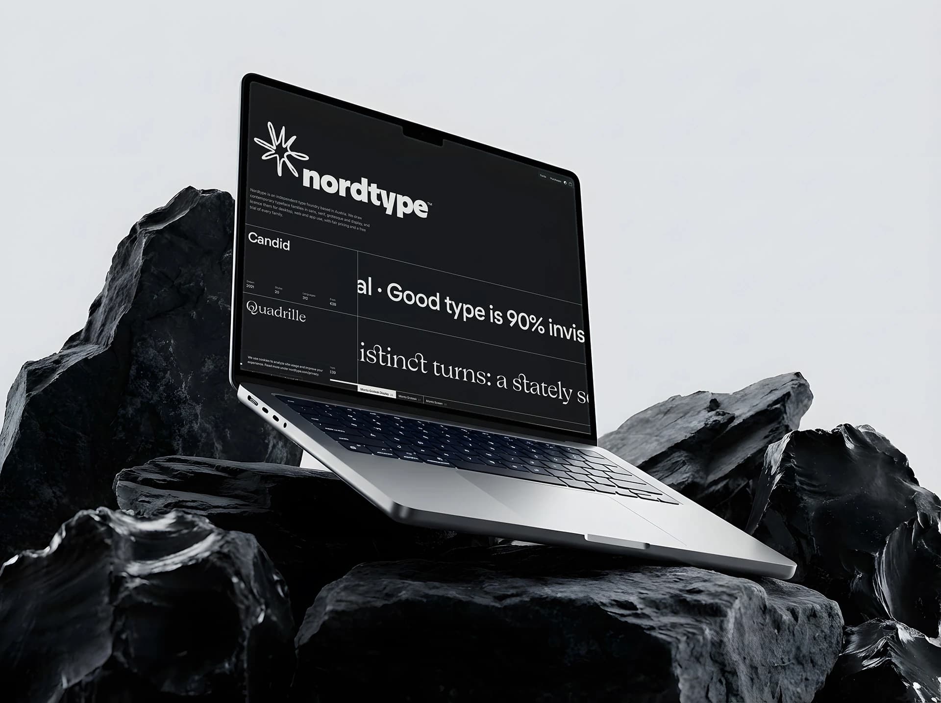 The Nordtype homepage on a laptop: the foundry name set large, then catalogue rows for Candid and Quadrille, each set in its own face at specimen size with year, style count, language coverage and price in a fixed grid.