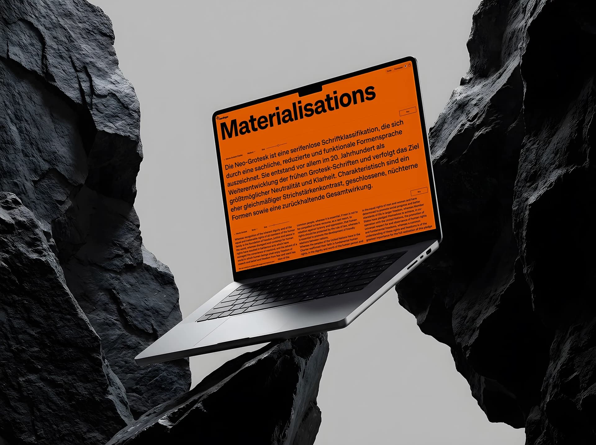 A Monto Grotesk family page on a laptop, flooded in the family’s orange: a German paragraph set large with style and size controls above it, a smaller three-column setting below, and a Buy button beside each block.