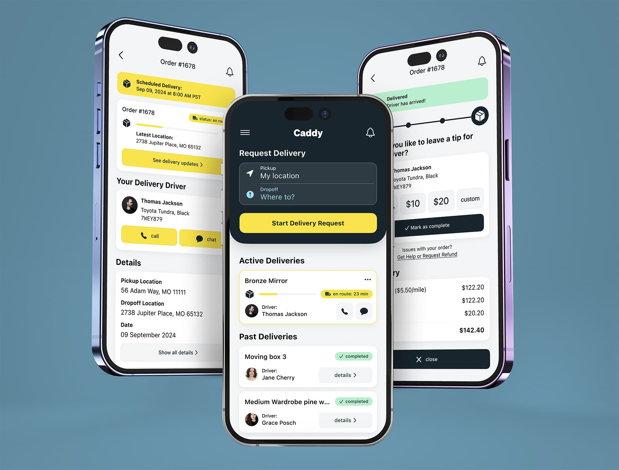 Three phones showing the Caddy app: an order on its way, the home screen with active and past deliveries, and a delivered order with a tip prompt.
