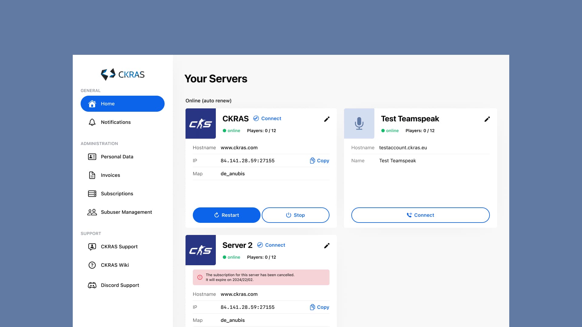 The CKRAS dashboard: a sidebar and a grid of server cards, each with its status, address, map and buttons to restart or stop it.