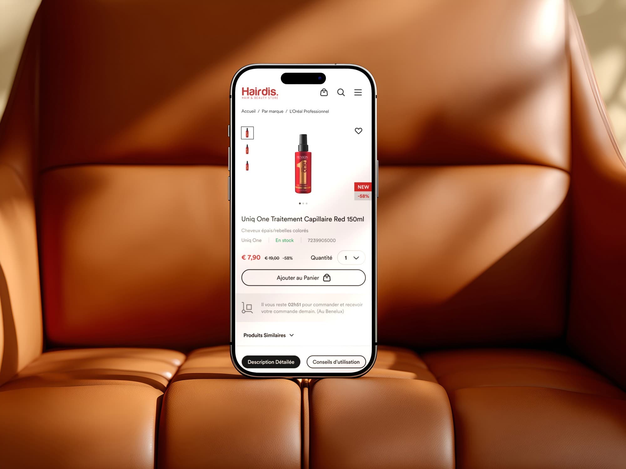 A phone standing on a tan leather seat, showing a Hairdis product page: a red bottle, its price and an add-to-cart button.