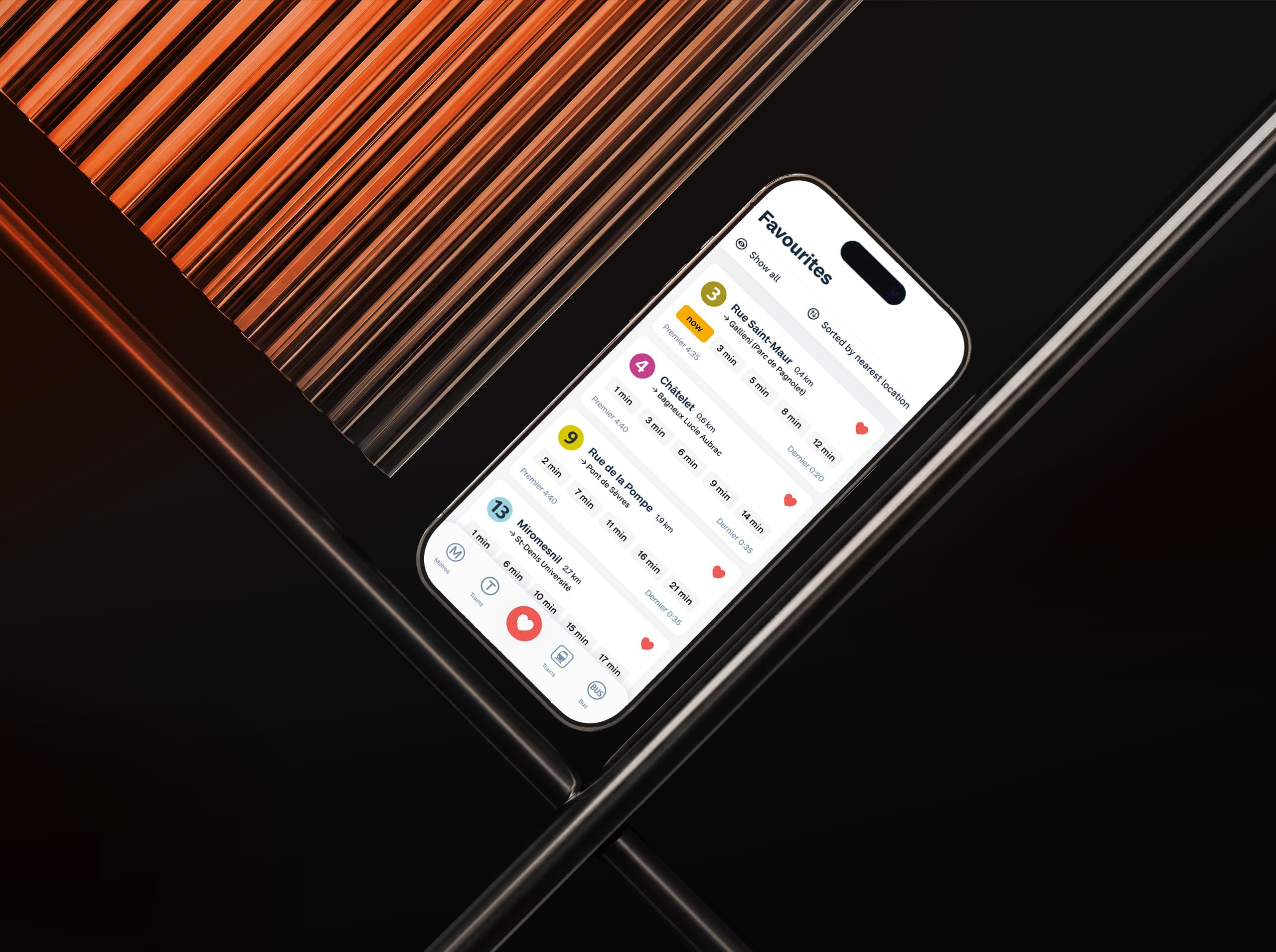 A phone lying at an angle on a dark surface showing the Horaires Me favourites screen: four metro stops, each with its next departures in minutes.
