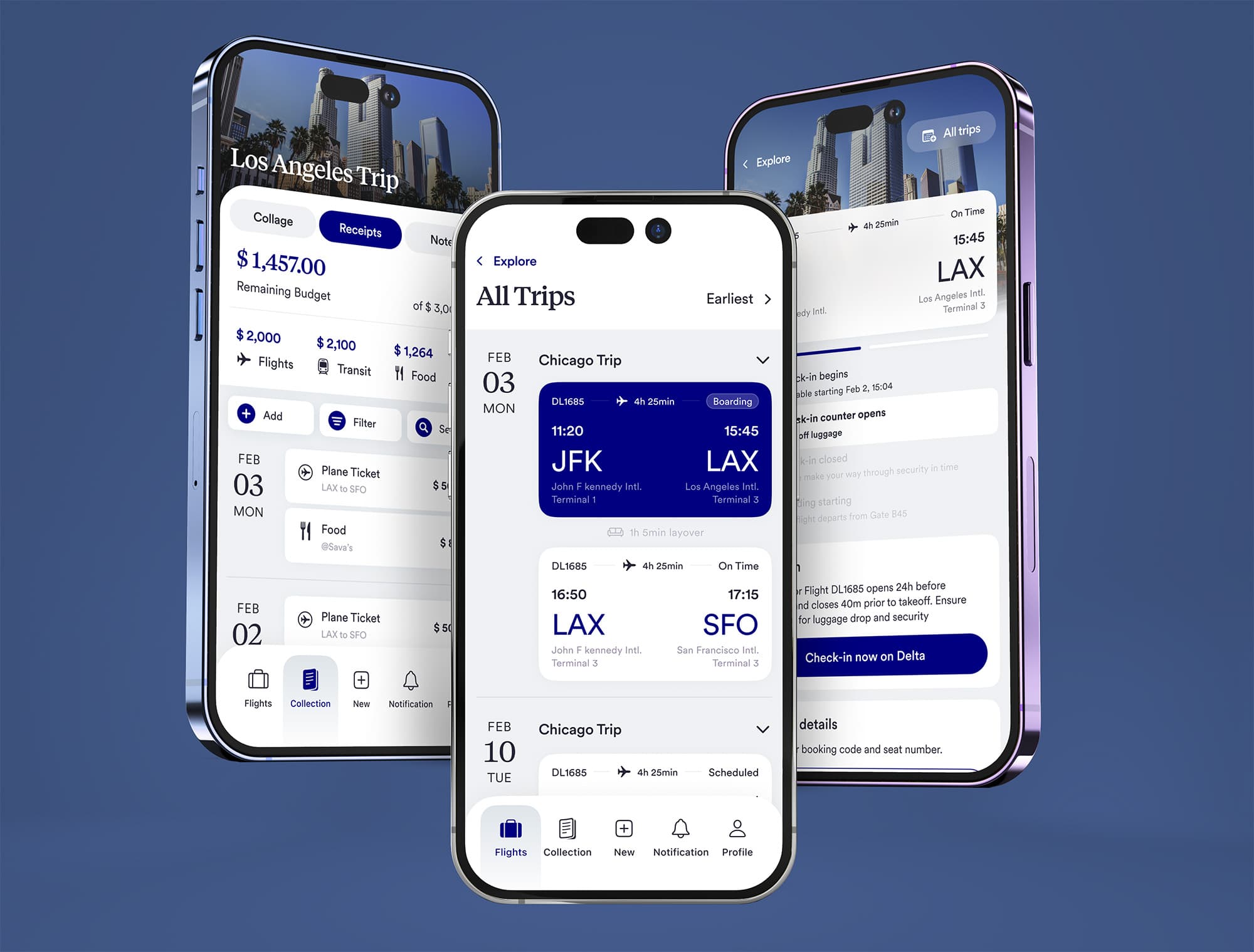 Three phones showing a travel app: a trip budget with receipts, a list of flights grouped by day, and a check-in timeline for one flight.