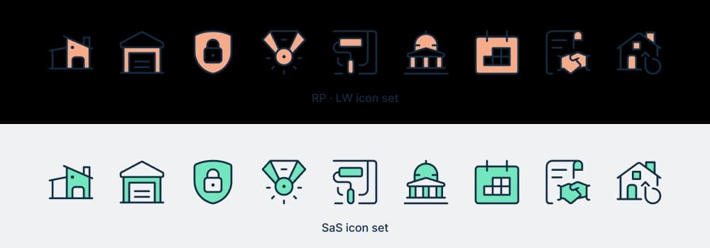 Nine line icons drawn twice: filled in terracotta for RuhestandPlus and Lebenswert, and in mint green for Sell and Stay.