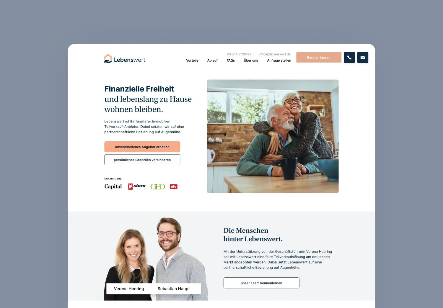 The Lebenswert home page: a headline beside a photograph of an older couple, two buttons, press logos and the two managing directors below.