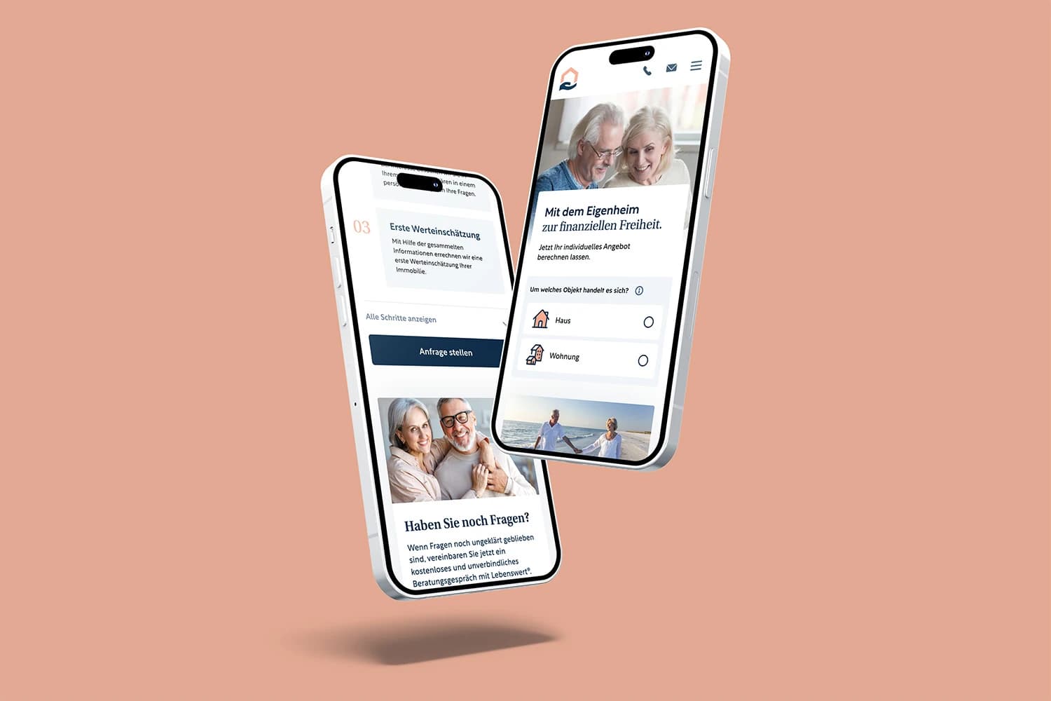 Two phones showing Lebenswert on mobile: the steps to an offer and the home page with a property-type question.
