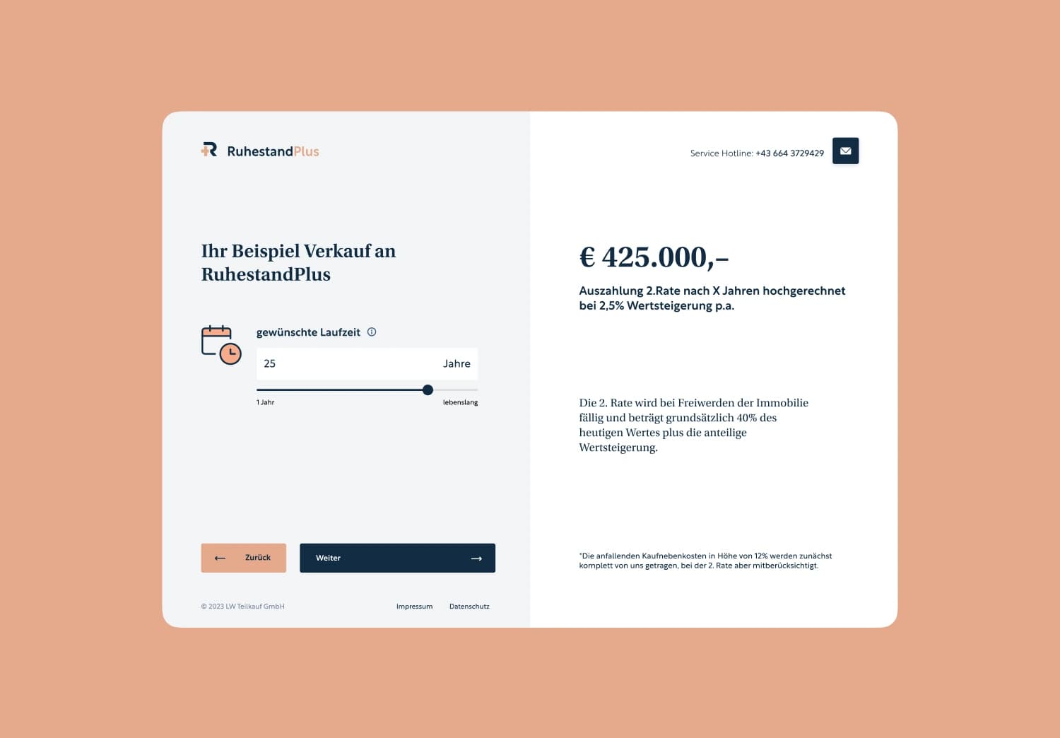 The RuhestandPlus calculator: a slider for the desired term on the left and the projected second payment of 425,000 euros on the right.