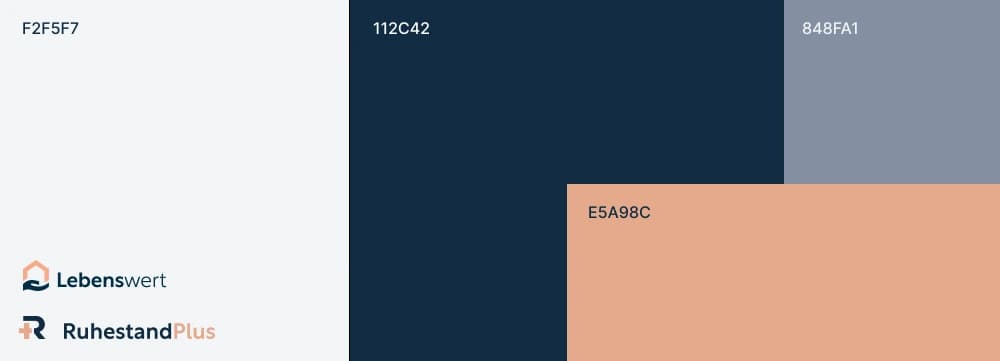 The palette shared by Lebenswert and RuhestandPlus: a pale grey, the same dark navy, a blue-grey and a soft terracotta, with both logos.