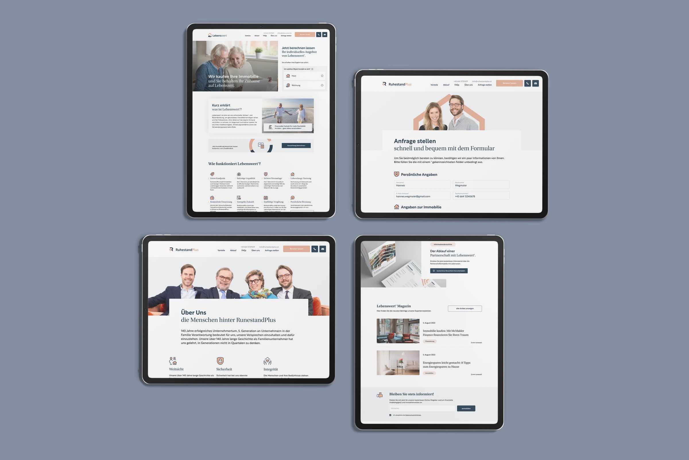 Four tablets showing RuhestandPlus and Lebenswert pages: a home page, the enquiry form, the team page and the magazine.