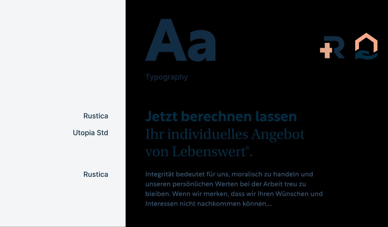 RuhestandPlus and Lebenswert typography: a headline in Rustica over a line in the serif Utopia, and body text in Rustica.