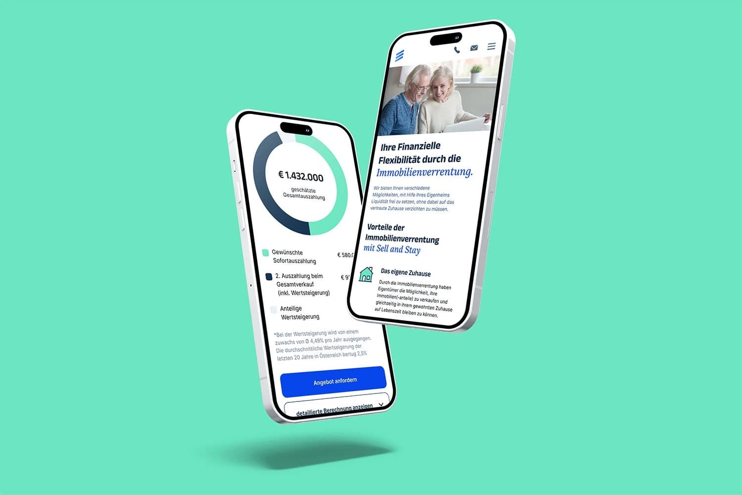 Two phones showing Sell and Stay on mobile: the calculator’s ring chart and the home page.