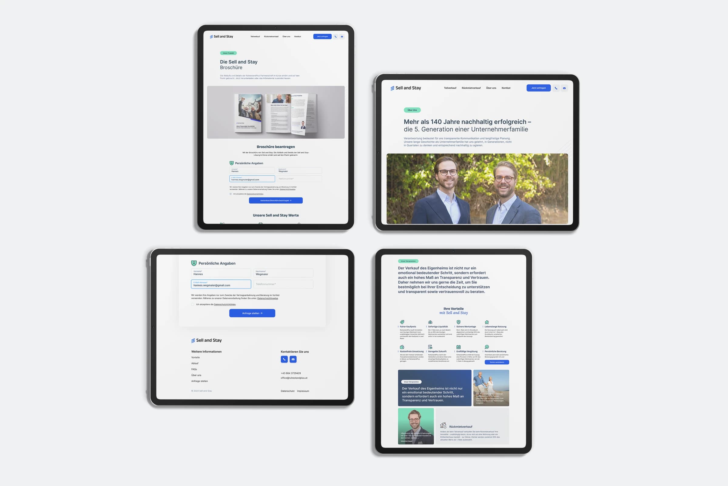 Four tablets showing Sell and Stay pages: the brochure request, the company history, a form and the list of advantages.