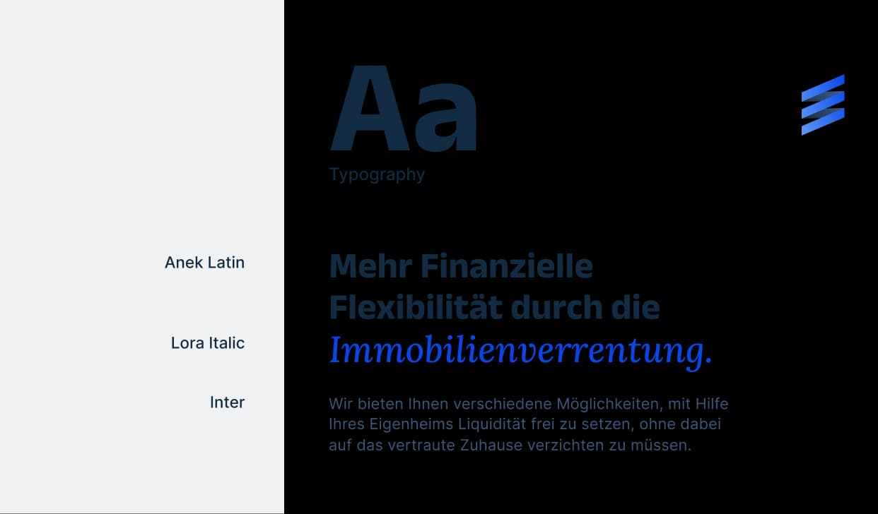 Sell and Stay typography: a headline in Anek Latin with one word in blue Lora Italic, and body text in Inter.