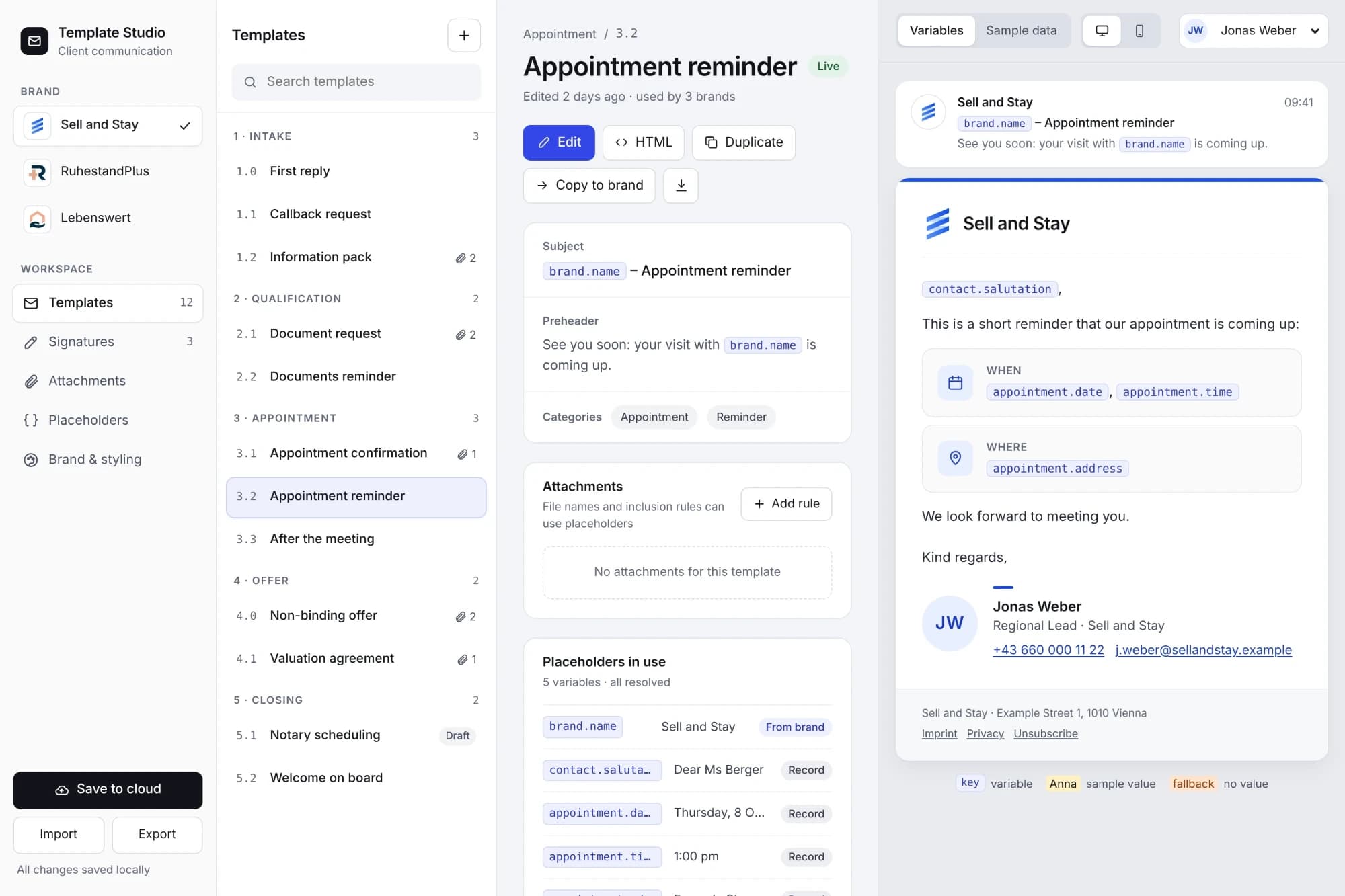 The admin panel: brands and workspace sections on the left, a numbered list of templates grouped by sales stage, the selected template’s subject, attachments and placeholders, and a live preview of the email with its variables highlighted.