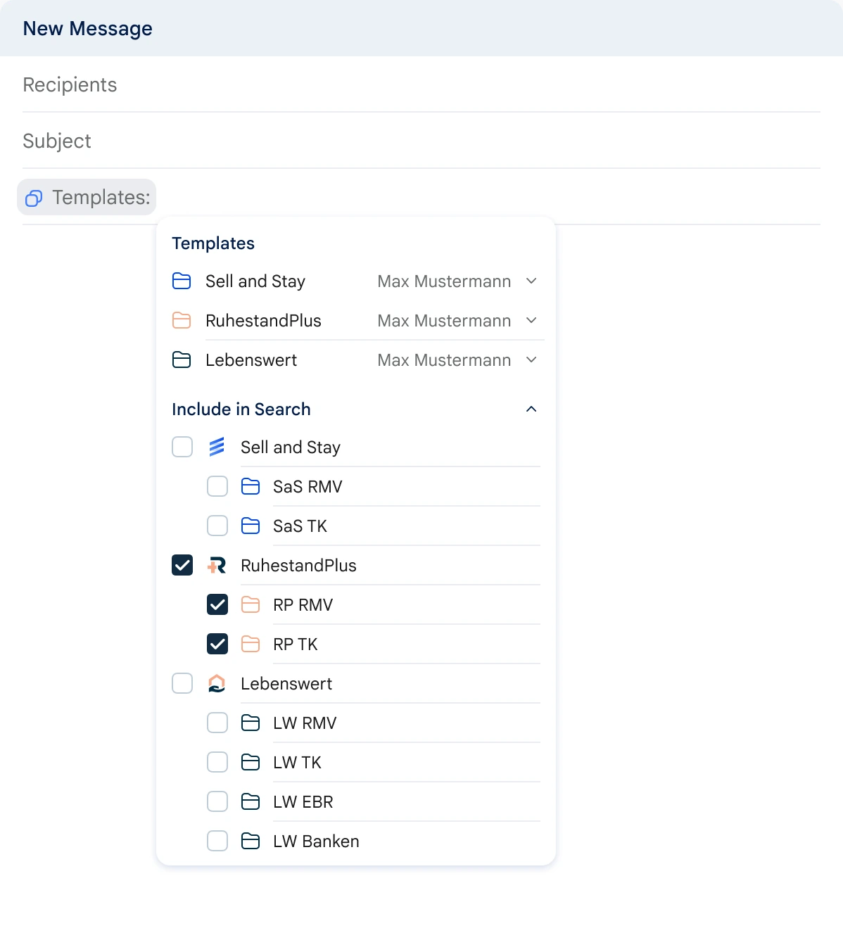 A Gmail compose window with the Templates menu open: a folder for each of the three brands, and a list of checkboxes choosing which brands and sub-folders search includes.