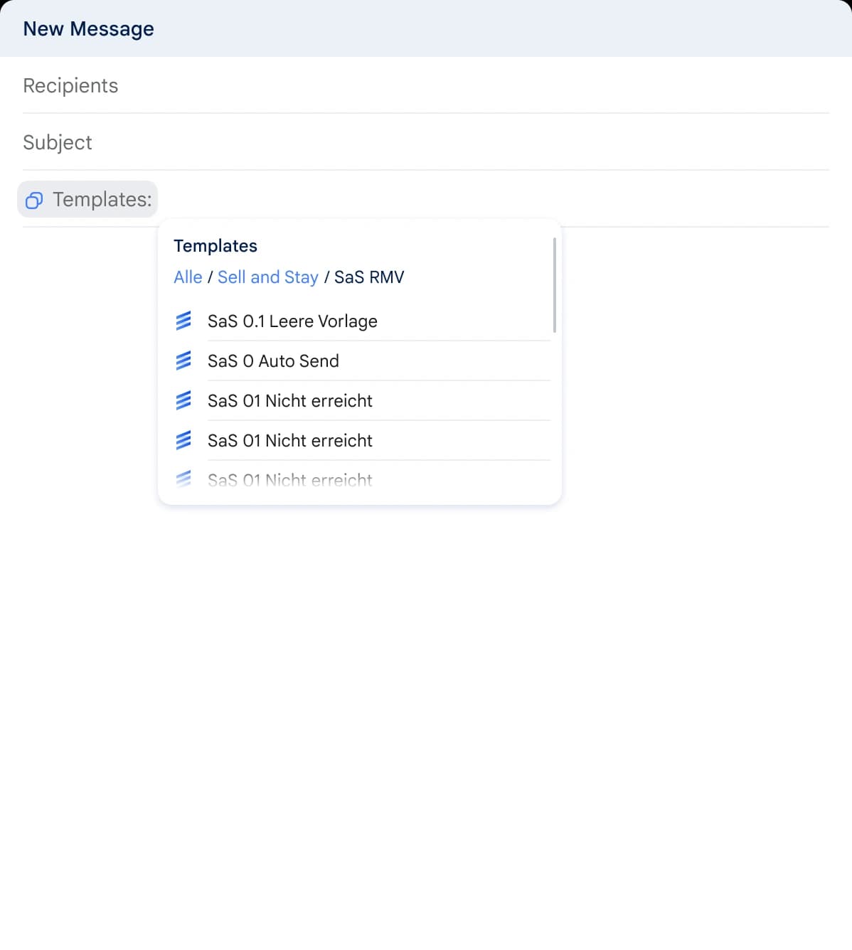 The same menu inside the Sell and Stay folder, with a breadcrumb above a scrolling list of numbered templates.