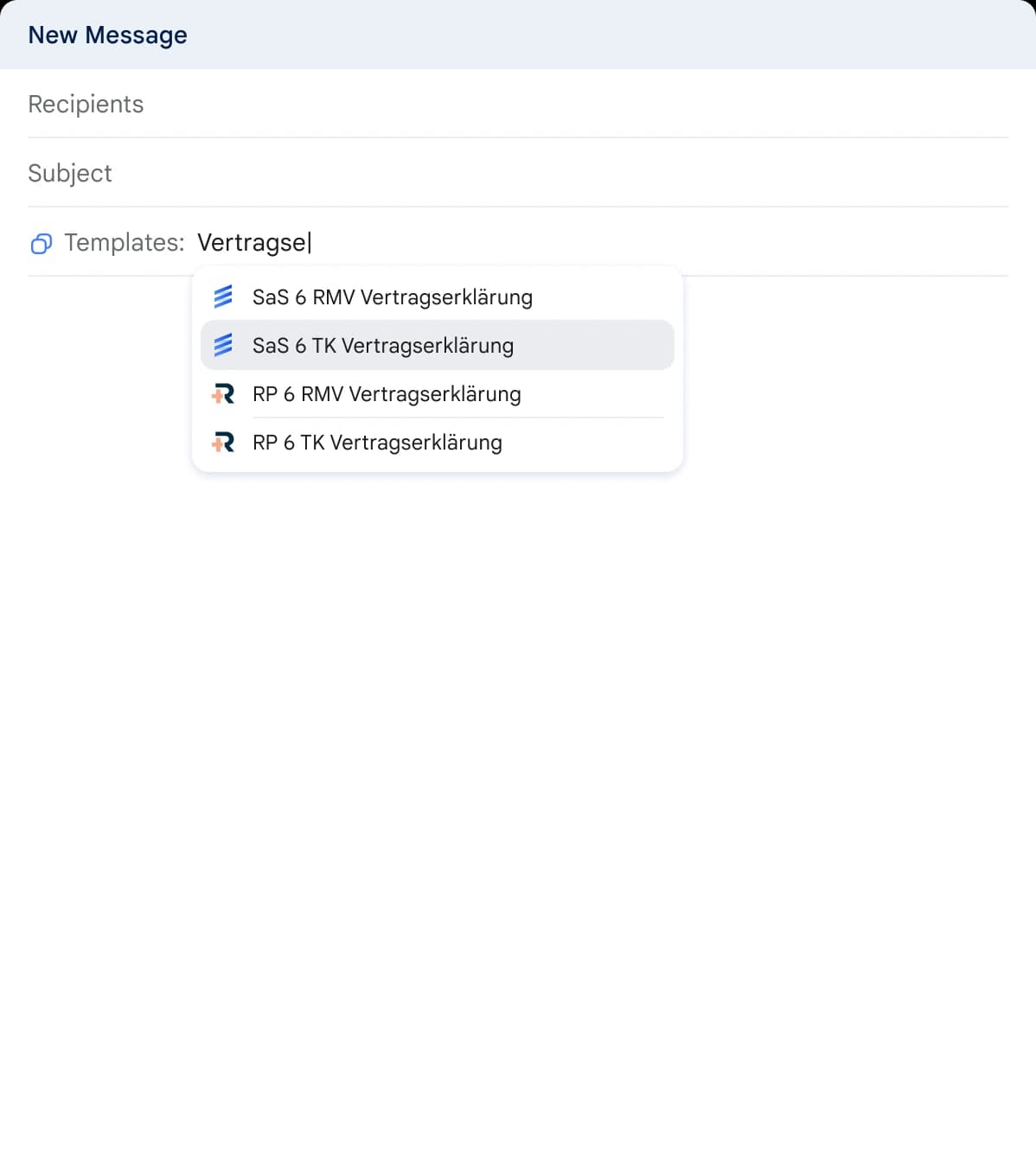 The word Vertragse typed after the Templates label, and four matching templates from two brands listed below it, the second one highlighted.